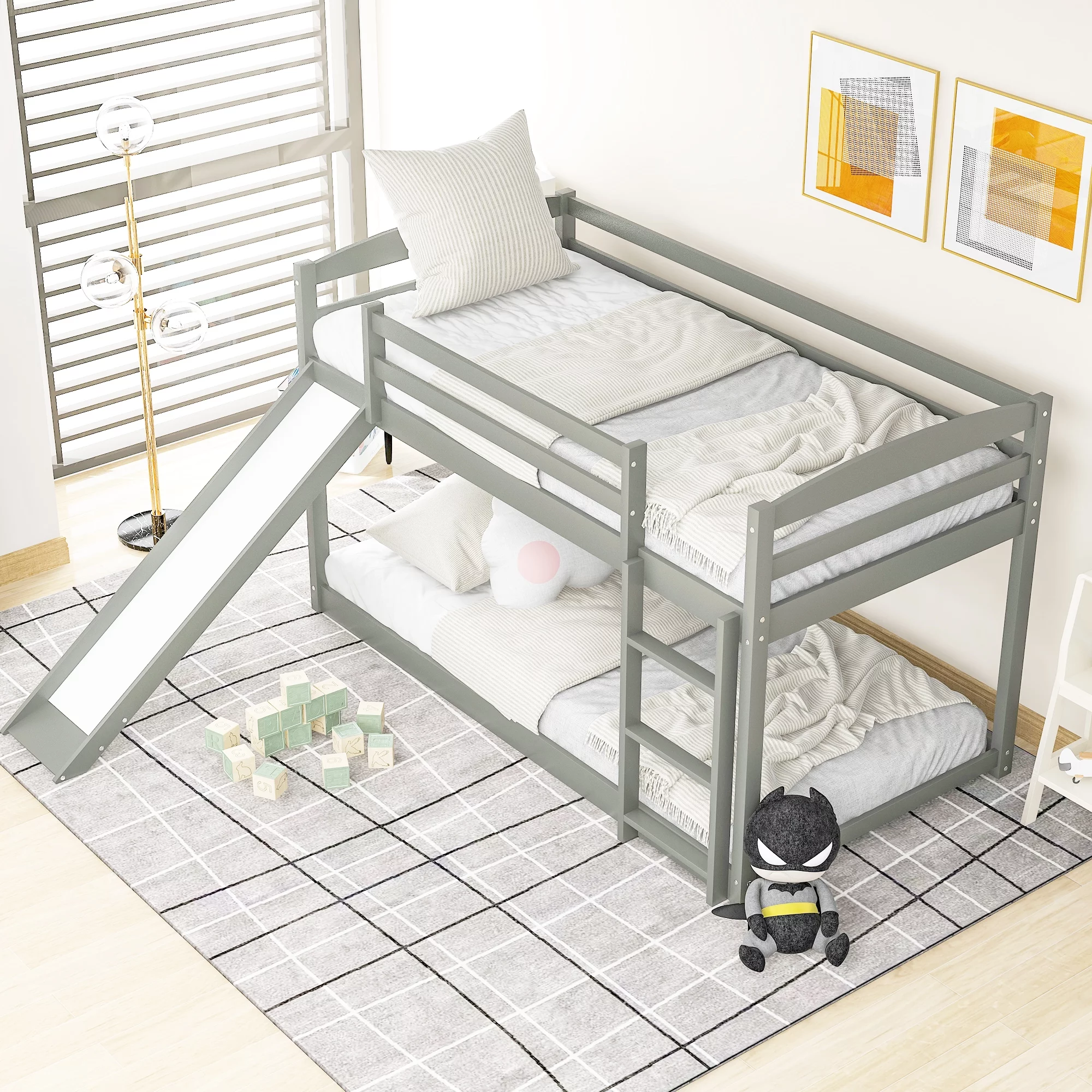 uhomepro Low Bunk Bed for Kids Bedroom, Twin Over Twin Bunk Bed Frame with Safety Rail, Slide and Ladder, Heavy Duty Wood Twin Bunk Beds for Boys Girls, Space-Saving Bedroom Furniture, Gray