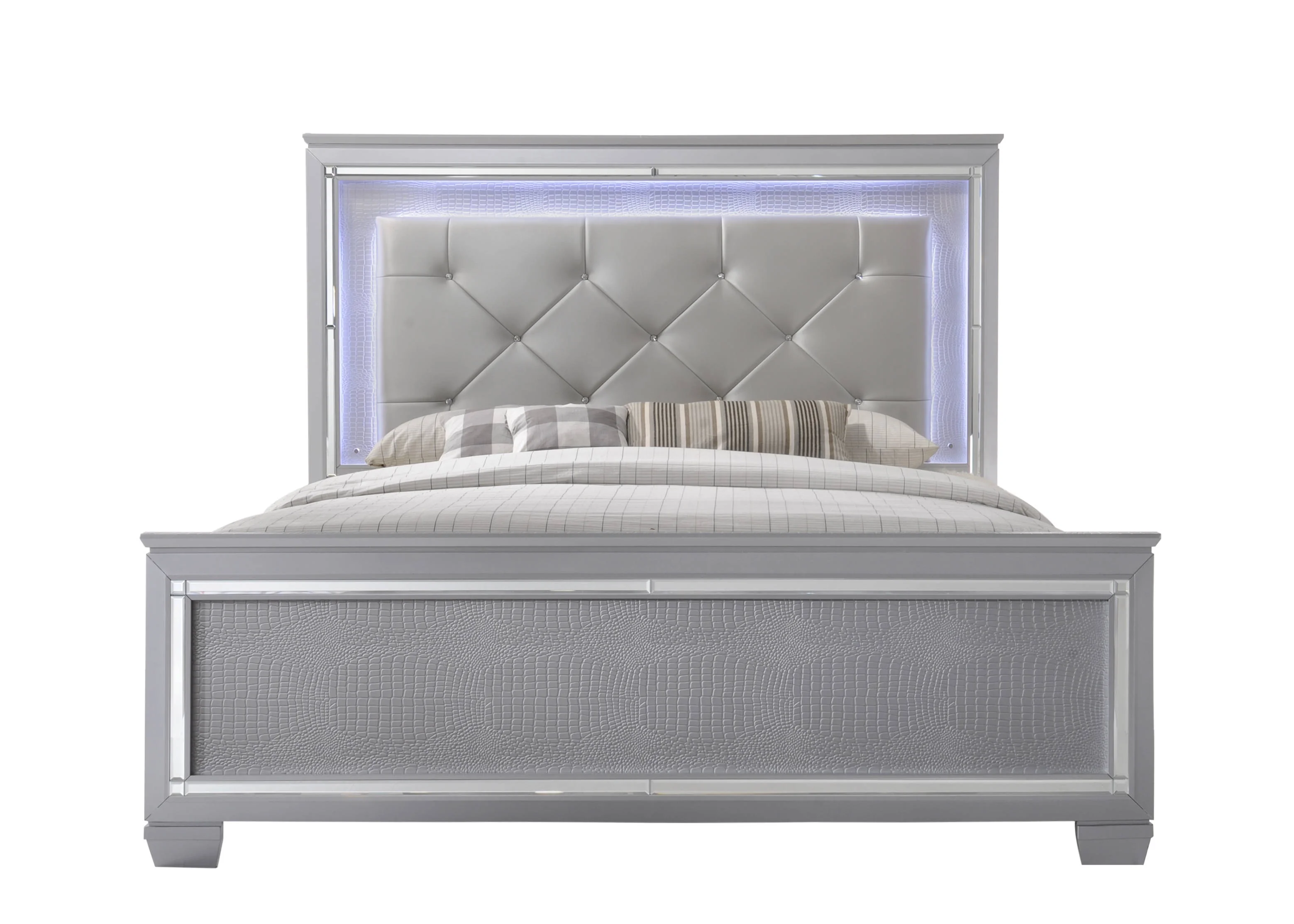 Contemporary Silver Finish 1pc Queen Size LED Backlit Upholstered Headboard Bed Wooden Bedroom Furniture