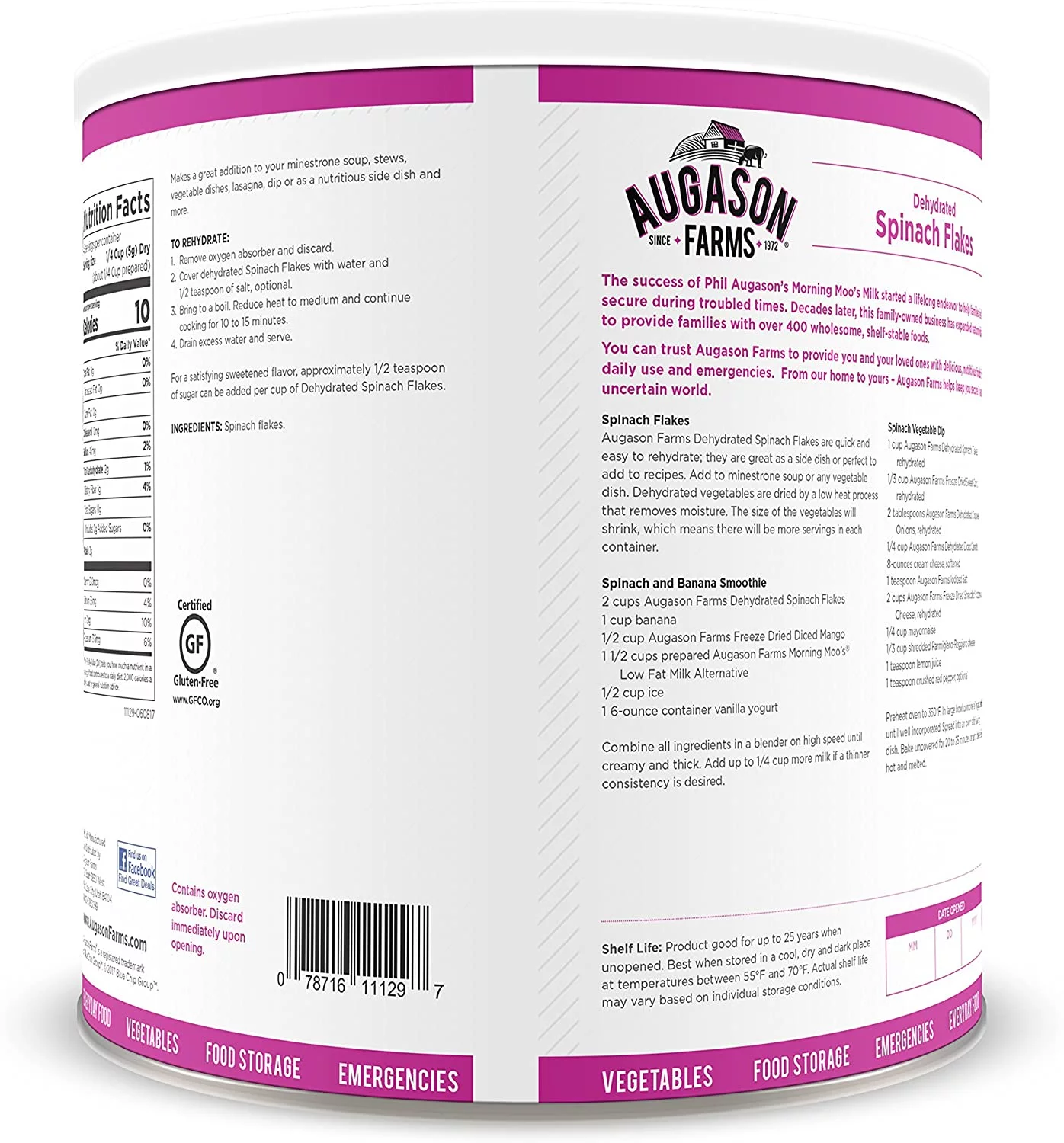 Augason Farms Dehydrated Spinach Flakes 8 oz No. 10 Can