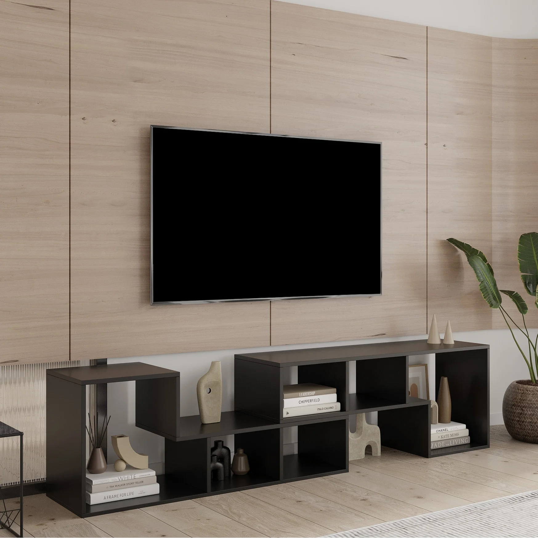 Double L-Shaped TV Stand, Bookcase, Extendable & Twistable TV Cabinet