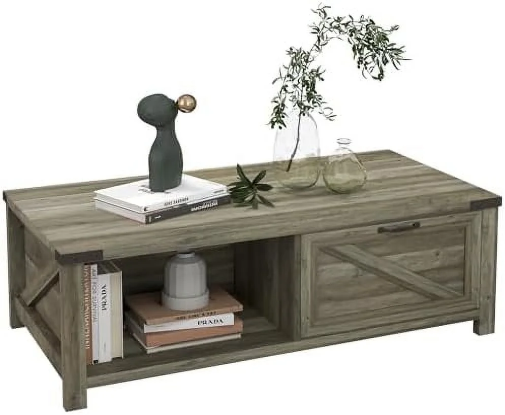 Farmhouse Coffee Table with  and Drawer  Rustic Coffee Table for Living Room  Open Shelf  White