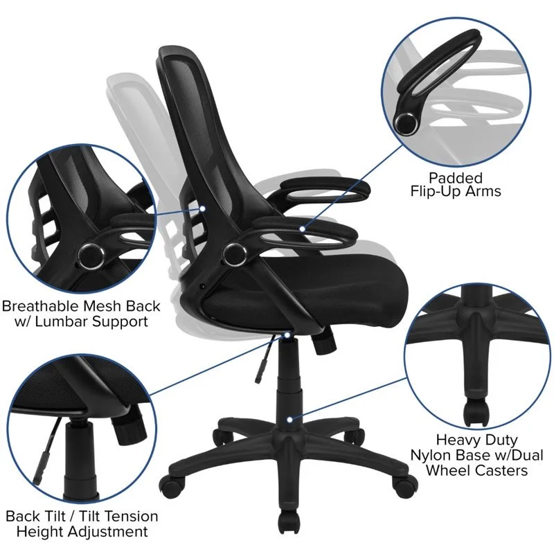 Flash Furniture High Back Black Mesh Ergonomic Swivel Office Chair with Black Frame and Flip-up Arms