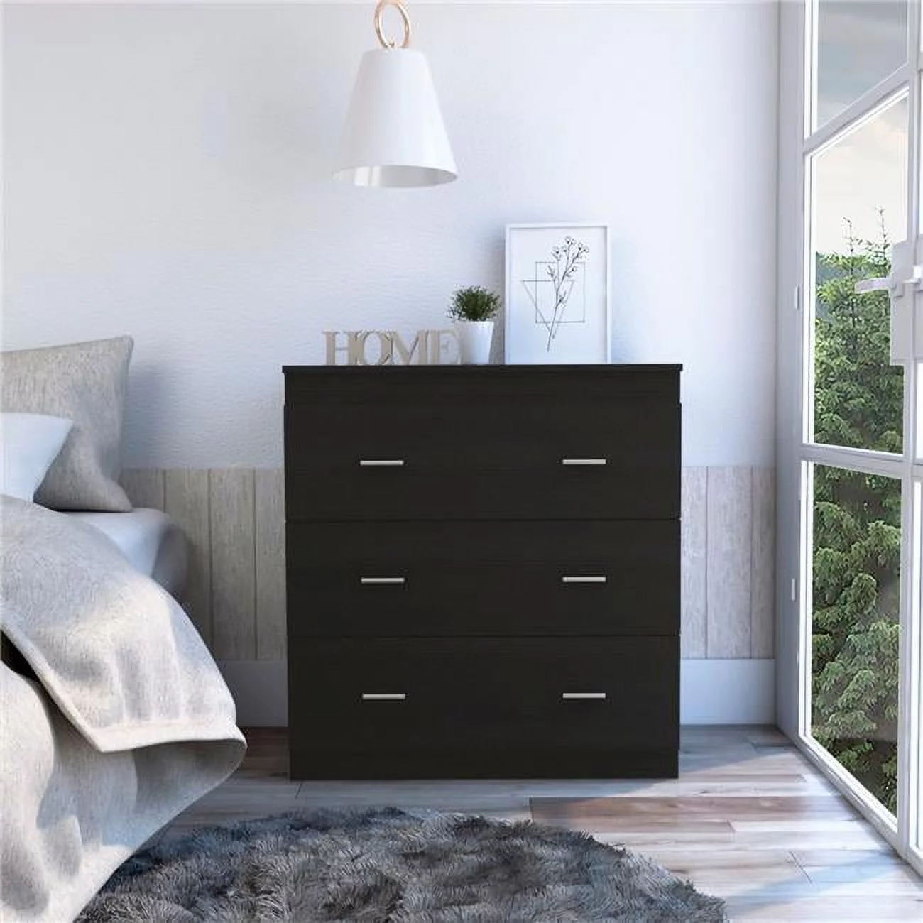 Depot E-Shop Topaz 3 Drawer Dresser With Metal Handles, Black