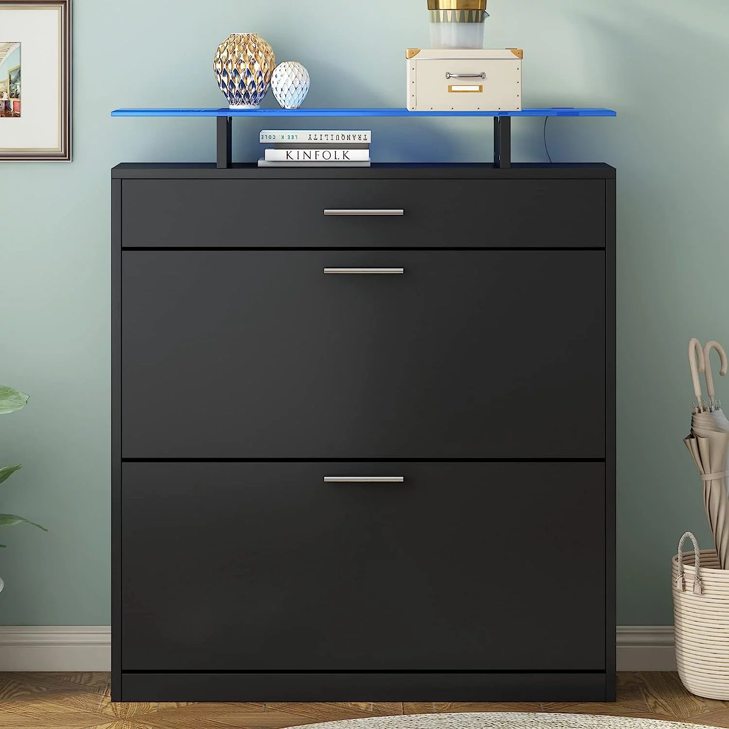 AngLink Slim Entryway Shoe Cabinet with 2 Flip Drawers, Modern Tempered Glass Top Shoe Storage Organizer with Drawer and Open Shelves, Free Standing Shoe Rack with LED Light for Hallway,Bedroom,Black