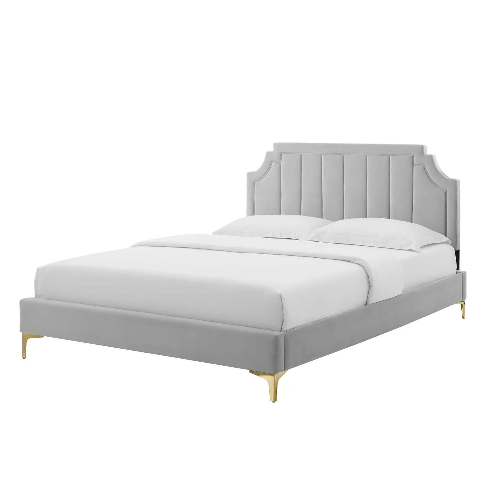 Platform Bed Frame, King Size, Velvet, Light Grey Gray, Modern Contemporary Urban Design, Bedroom Master Guest Suite