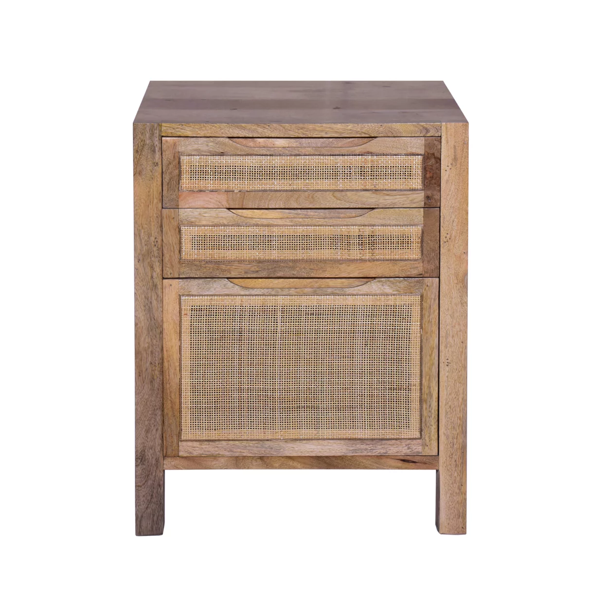 Ryan 31 Inch Cottage Mango Wood Storage Cabinet Table, Cane Rattan Panels, 3 Drawers, Natural Brown, Saltoro Sherpi