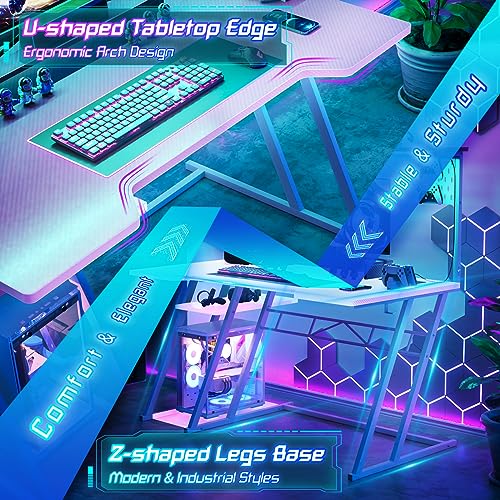 Armocity Gaming Computer Desk with Shelves and Outlets, Gaming Desk with Hutch and LED Lights, Reversible PC Gaming Desks with Pegboard, Carbon Fiber Black 47''