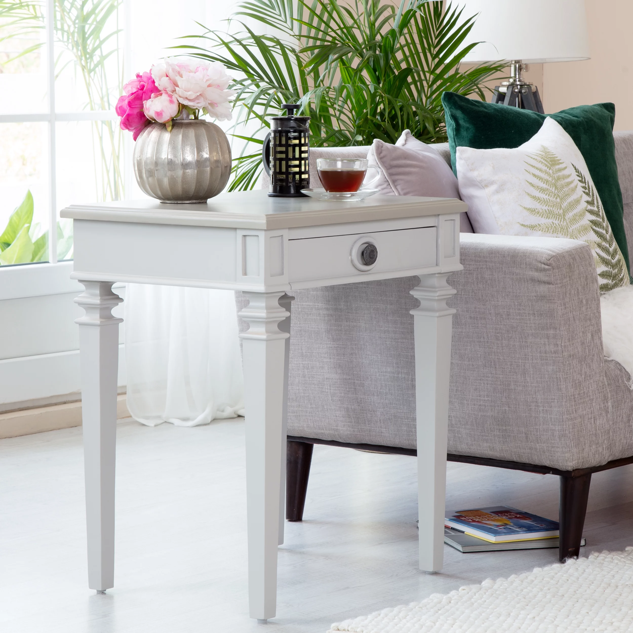 Finch Benson Traditional Solid Wood End Table Nightstand with Drawer, Light Gray