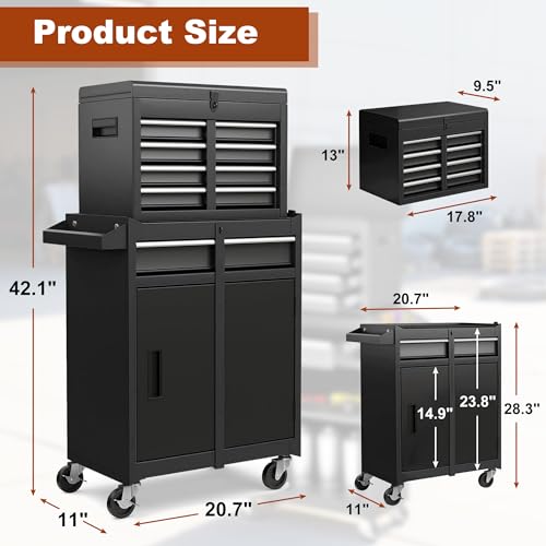 Rolling Tool Chest 5 Drawers Tool Box Garage Storage Cabinet Steel Frame 2 in 1 Tool Cart with Universal Lockable Wheels, Detachable Top and Adjustable Shelf for Garage, Black