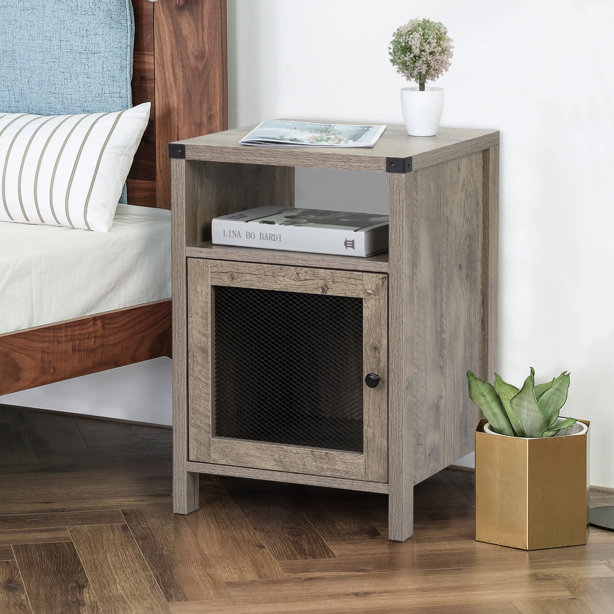 LANTRO JS Farmhouse Nightstand with Power Outlets, USB Ports, Side Table with Cabinet, Storage Shelf, End Table for Bedrooms, Living Rooms, Retro Gray