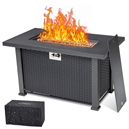 44 Inch Propane Fire Pit Table, 50000BTU Rectangle Fire Table with Cover & Rain Cover, Sturdy Steel and Iron Fence Surface, CSA Safety Certified, Companion for Your Garden