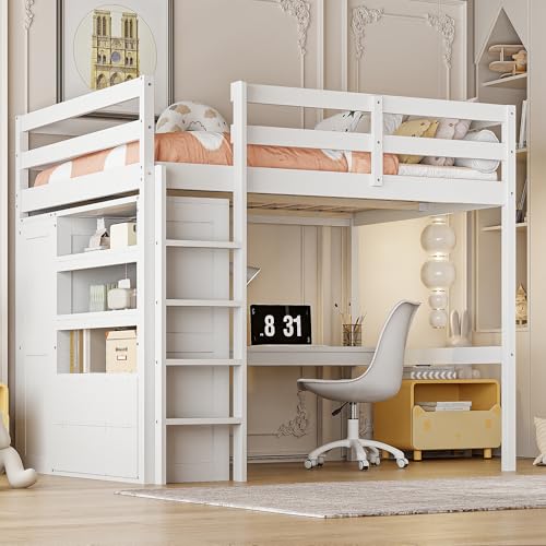 Harper & Bright Designs Full Size Loft Bed with Desk, Storage Shelves and Drawers, Solid Wood Loft Bed Frame with Built-in Wardrobe, Walnut