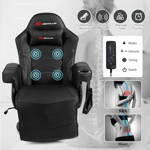 POWERSTONE Gaming Recliner Massage Gaming Chair with Footrest Ergonomic PU Leather Single Sofa with Cup Holder Headrest and Side Pouch, Adjustable Living Room Chair Seating, Black