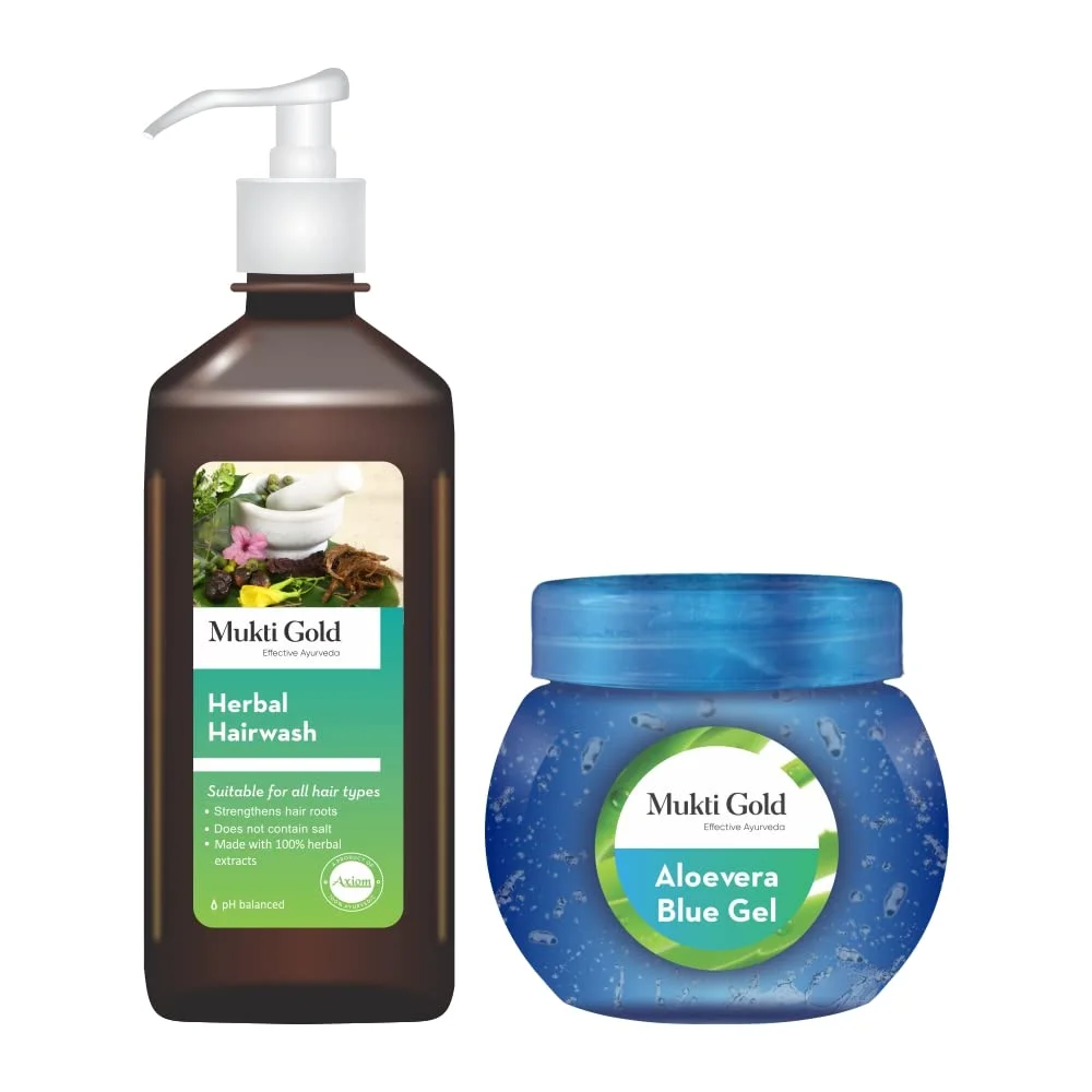 Mukti Gold Combo of Mukti Gold Herbal Hairwash 400 ml (Dispenser) + Mukti Gold Aloevera Blue Gel 125 gms | 100% Herbal Natural Extracts | WHO-GLP,GMP,ISO Certified Product