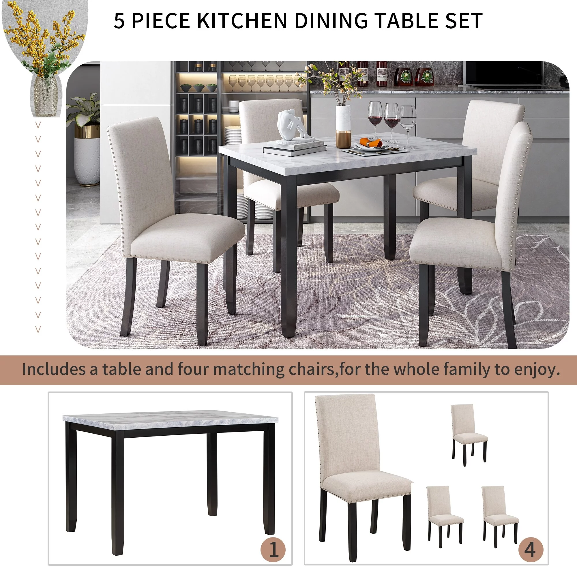 Elegant Faux Marble 5-Piece Dining Set with Thicken Cushion Chairs