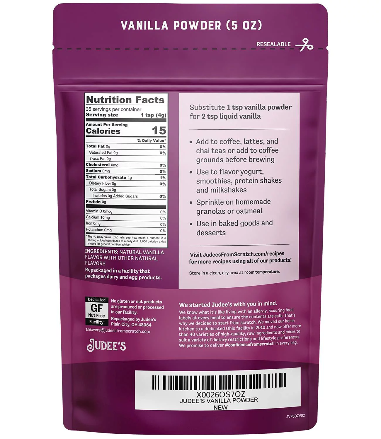 Judee's Premium Vanilla Flavor Powder 5 Oz - Non-GMO, Made in the USA - Add Vanilla Flavor to your Recipes including Baked Goods, Coffee, Yogurt, Smoothies, Protein Shakes