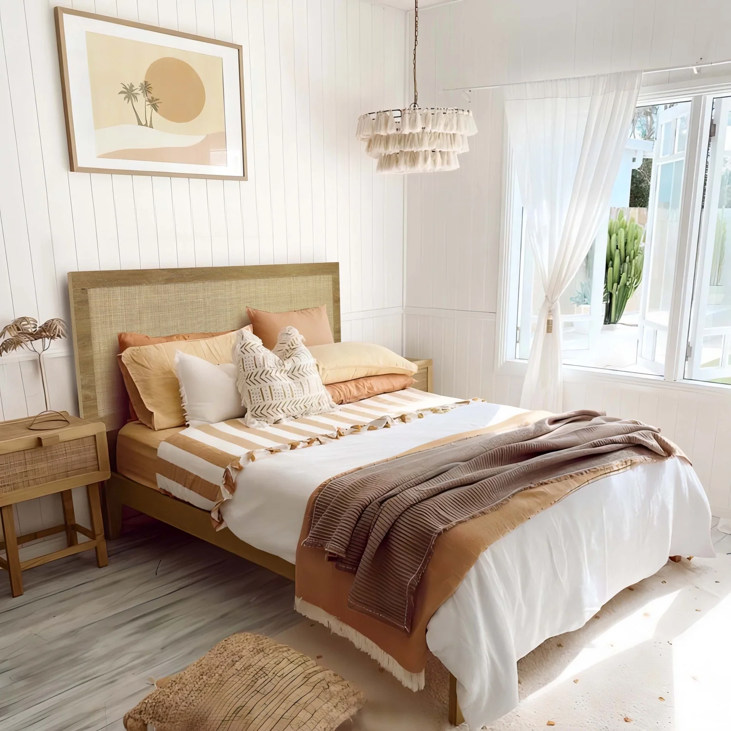 LuxenHome Oak Finish Manufactured Wood with Rattan Panel Headboard (Queen)