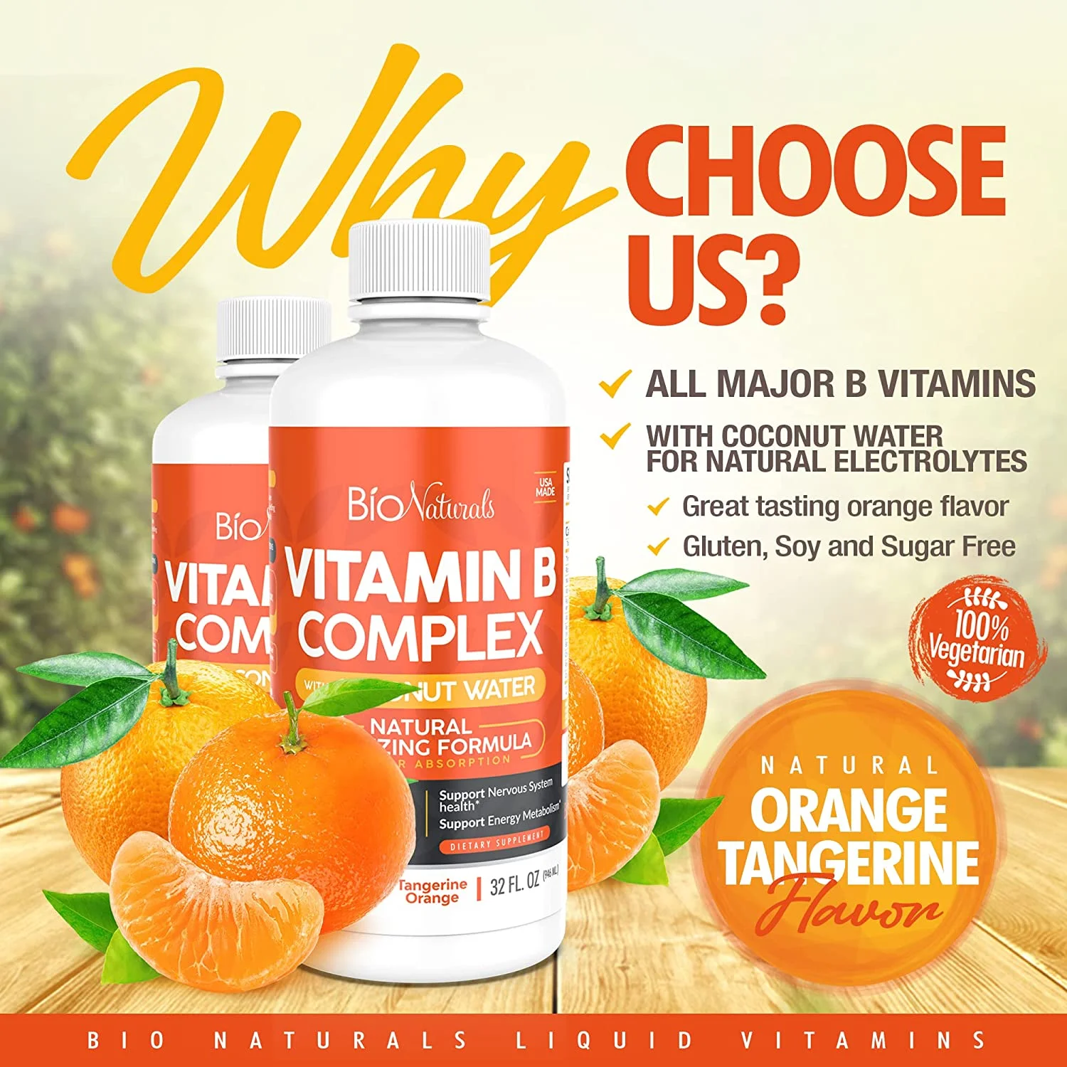 Bio Naturals Vitamin B Complex Liquid Supplement - 100% Natural Energy Boost with Vitamins B1 B2 B3 B5 B6 B12 & Organic Coconut Water for Stress, Mental Focus & Healthy Immune System -