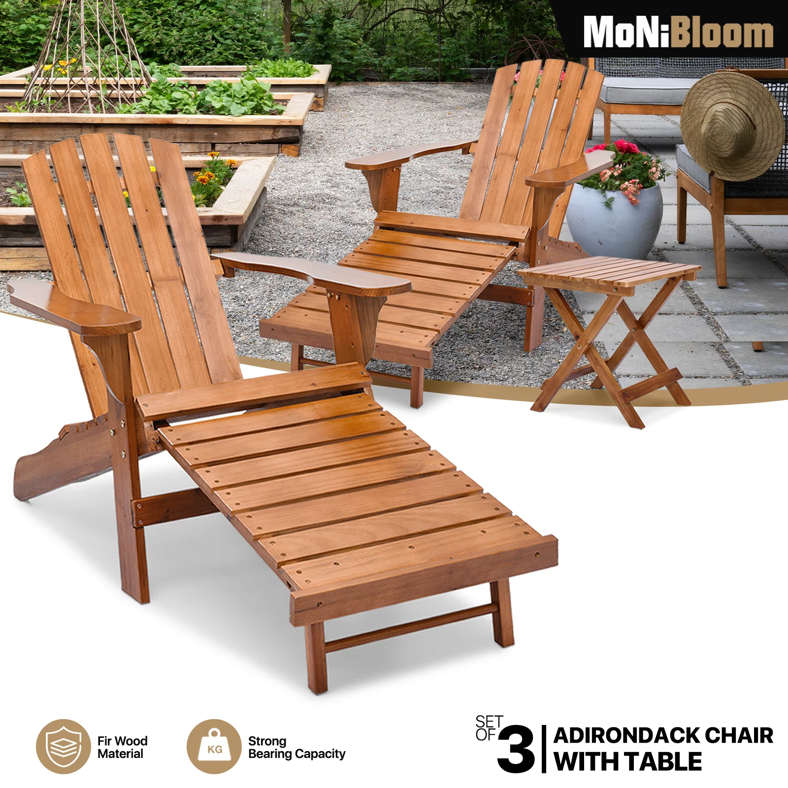 MoNiBloom Set of 3 Adirondack Chairs with Foldable Side Table, Reclining Lounge Chairs with Retractable Footrest, Weather Resistant Outdoor Fire Pit Chairs, Teak