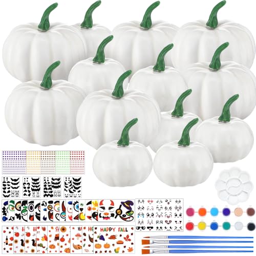 Simgoing 36 Sets Pumpkin Painting Kits Fall Halloween Crafts White Plastic Pumpkin with Stickers Paint Paintbrushes for Autumn Thanksgiving Activity Coloring DIY Art Projects Party Decoration