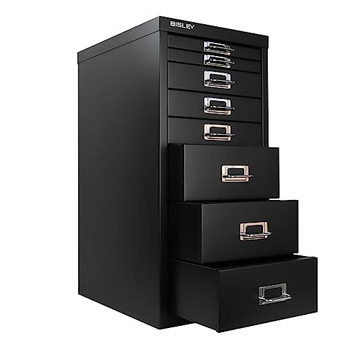 Bisley 10-Drawer Steel MultiDrawer Cabinet - Black, Chrome Pull Handles with Label Holders, Powder-Coated Steel, Removable Drawers, Fits Under Most Desks, Labels Included