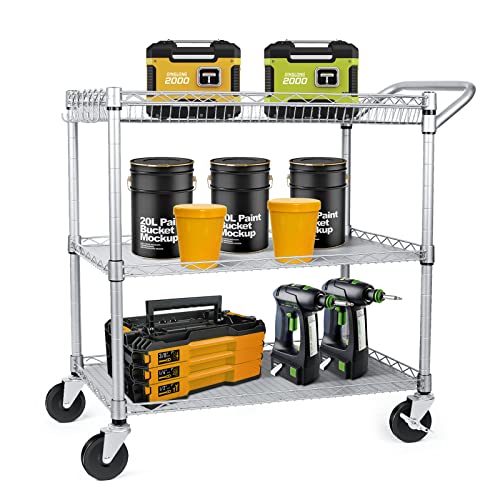 WDT 990Lbs Capacity Heavy Duty Rolling Utility Cart, NSF Rolling Carts with Wheels,Commercial Grade Metal Cart with Handle Bar & Shelf Liner,Trolley Serving Cart for Restaurant,Kitchen,Gray