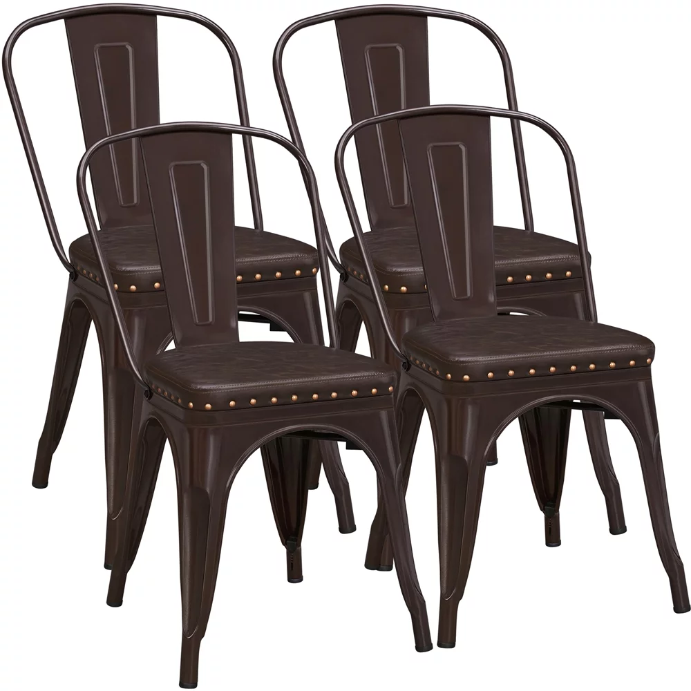 SMILE MART Industrial Metal Studded Dining Chair with Cushion, Set of 4, Brown
