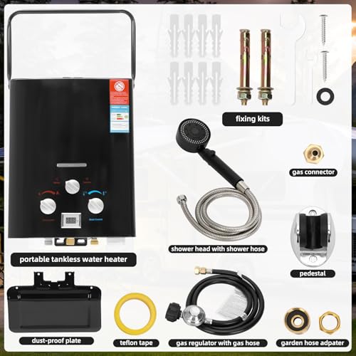 Portable Tankless Water Heater Propane -6L, instant hot water heater with handle (function of overheat protection and safe air cutover), outdoor water heater black, suitable for camping RV cabins