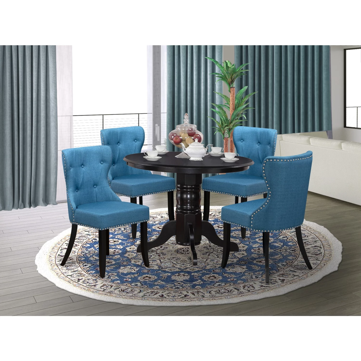 East West Furniture East-West Furniture SHSI5-BLK-21 - A wooden dining table set of 4 wonderful dining room chairs with Linen Fabric Mineral Blue color and a stunning 42-Inch Round wooden dining...