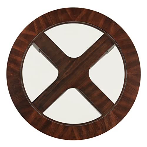 Roundhill Furniture Cylina Solid Wood Glass Top Round Coffee Table with 4 Stools, Espresso