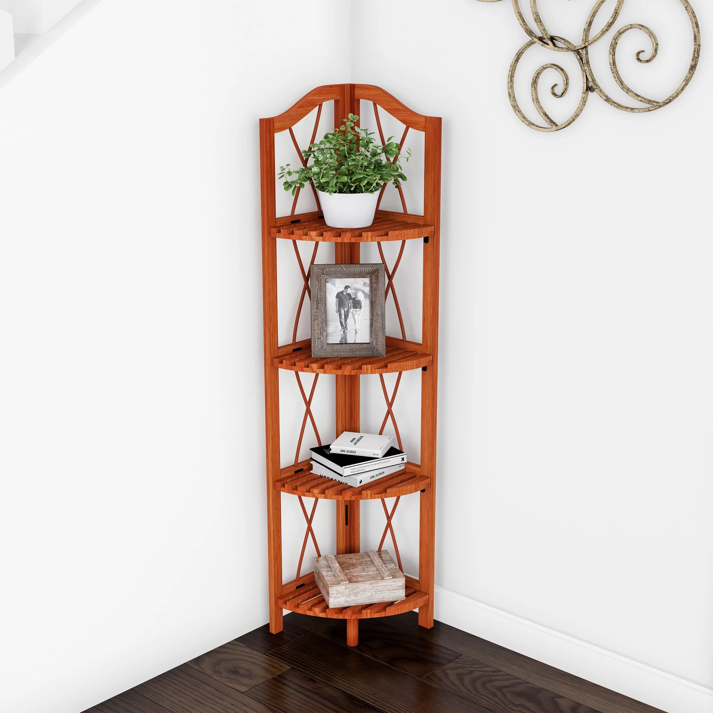 Lavish Home 4 Tier Wooden Folding Corner Bookshelf for Small Tight Spaces, Pecan