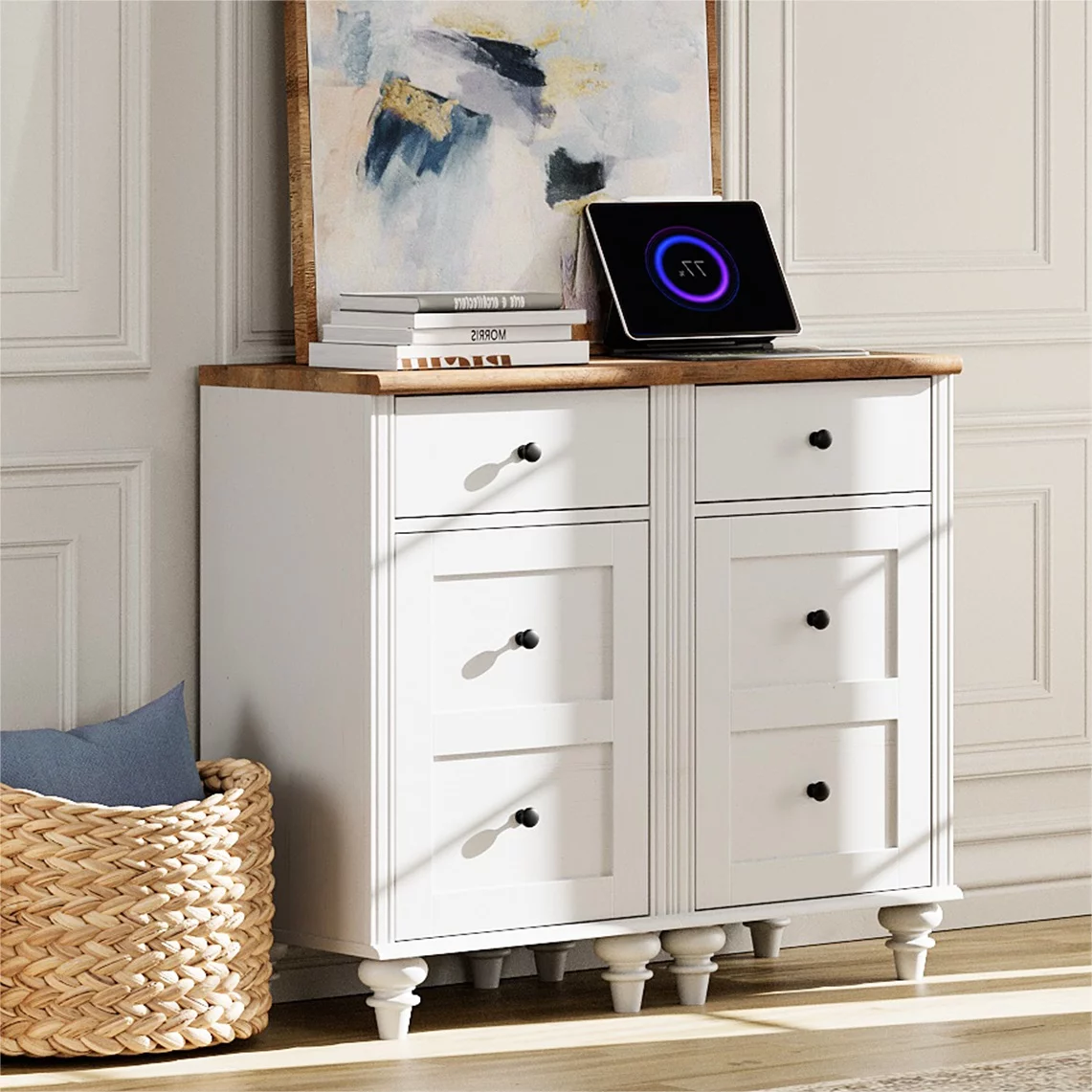 Nightstand, Bedside Table, End Table with 2 Drawer, Open Shelf, Modern Style for Bedroom, Living Room, White and Oak