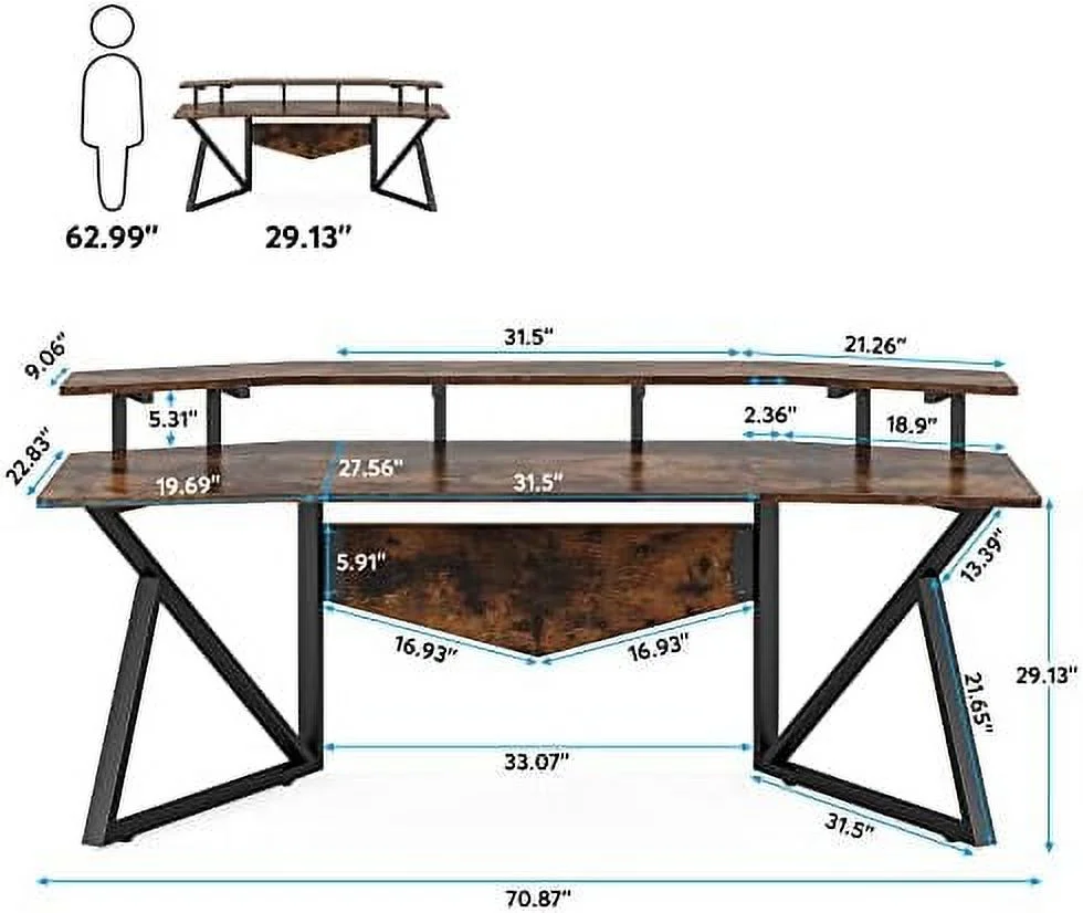 Computer Desk  70.9" Large  Office Desk with Monitor Stand   Wing-Shaped Gaming Studio Desk Study Table Workstation for Live  Streamer Rustic Brown