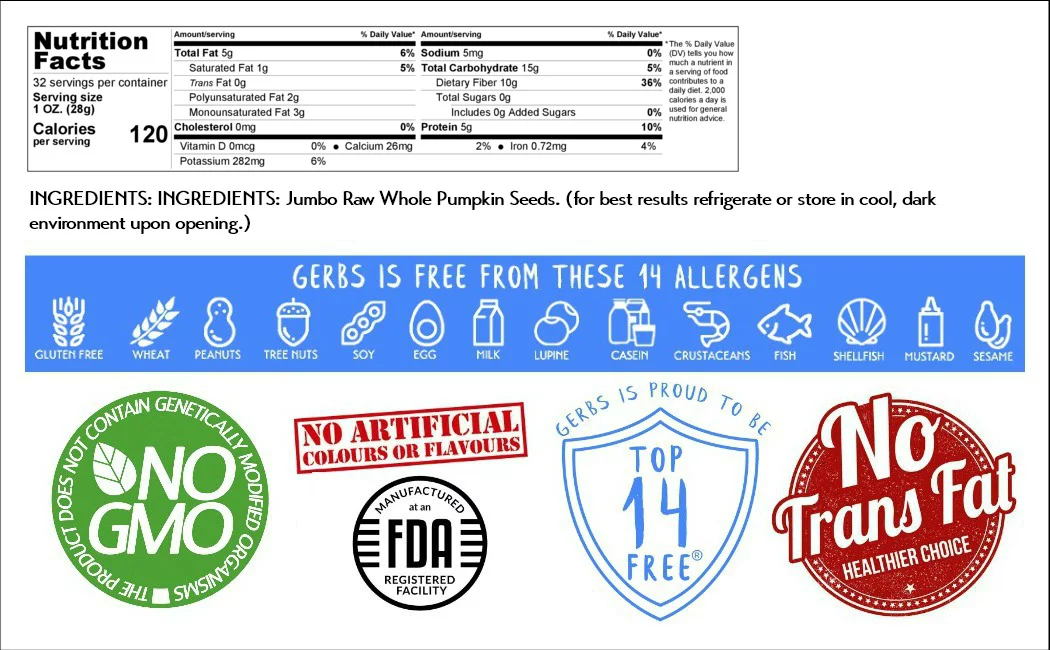 Jumbo Raw Pumpkin Seeds In Shell by Gerbs - 2 LBS - Top 14 Food Allergen Free & Non GMO - Vegan & Kosher