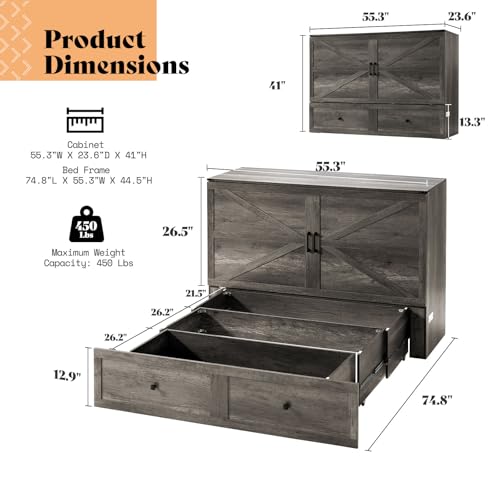 AMERLIFE Queen Murphy Bed with Storage & Charging Station, Farmhouse Murphy Cabinet with Foldable Panel, Noisy Free, for Guest Bedroom, Living Room, Office, Distressed White & Barnwood