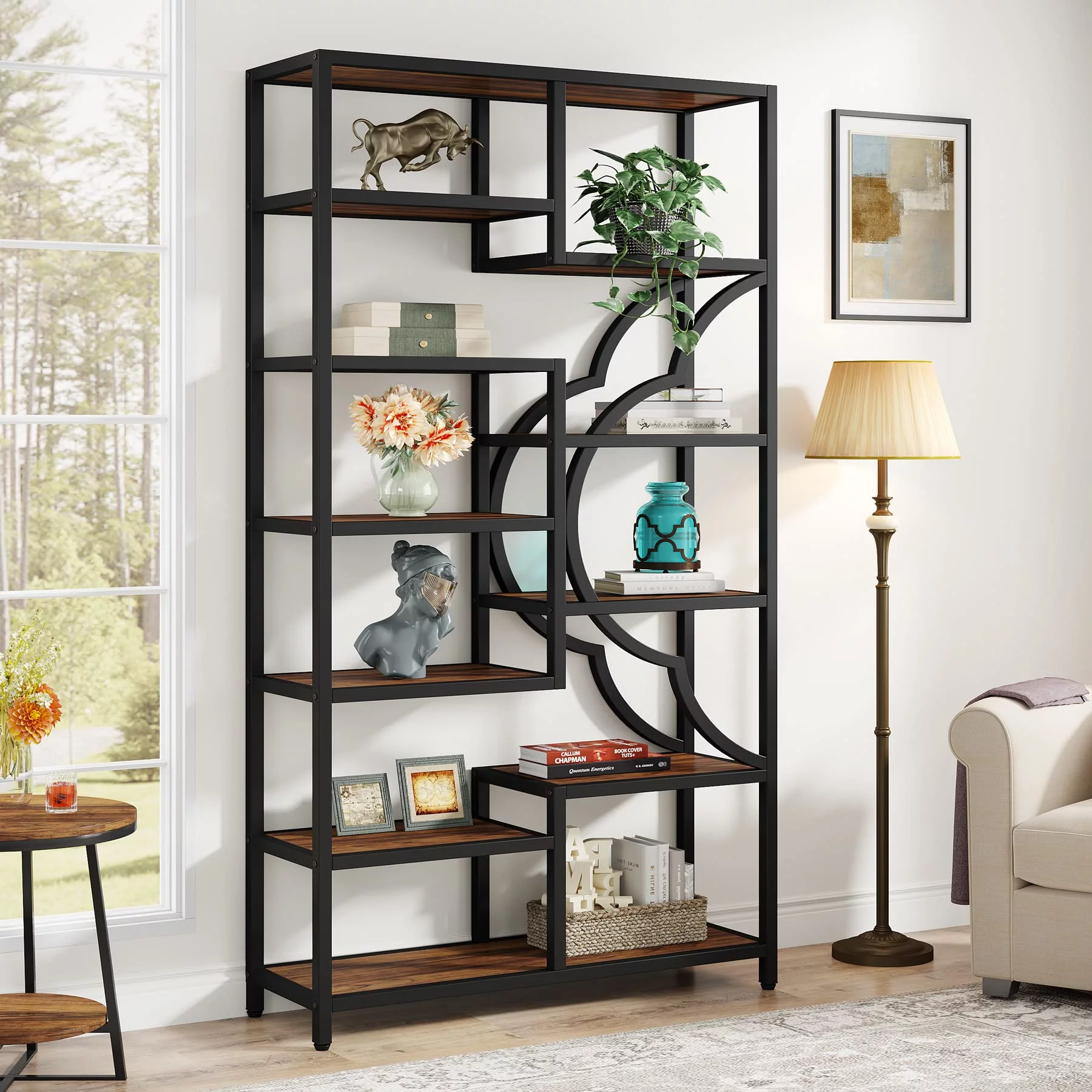 Tribesigns 75” Tall Bookshelf, 11-Shelves Staggered Bookcase with Unique Arc-Shaped Design, Industrial Etagere Shelving Unit Storage Display Shelves for Bedroom, Living Room, Home Office, Brown