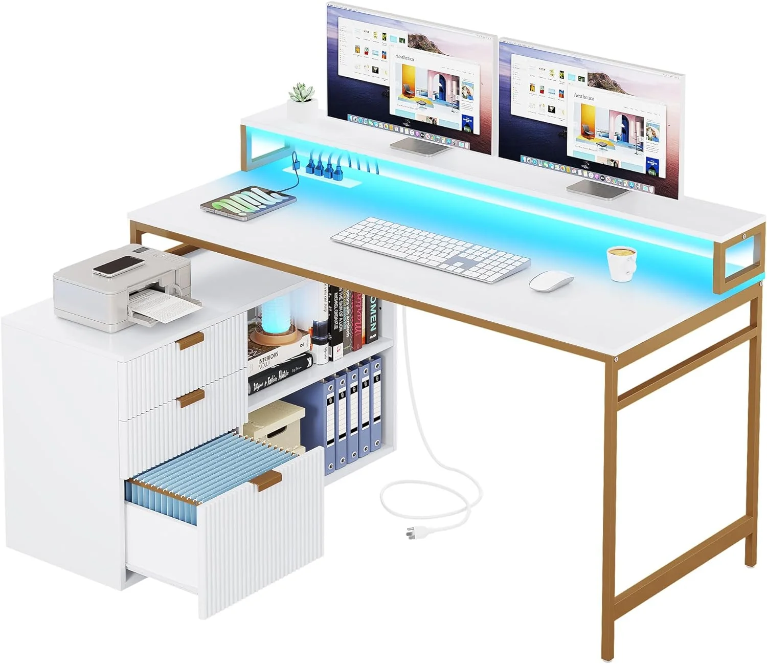 L Shaped Desk with Drawers  55 Inch Computer Desk Corner Desk with Power Outlets & LED Lights  Large L-Shaped Office Desk with File Cabinet  White & Gold