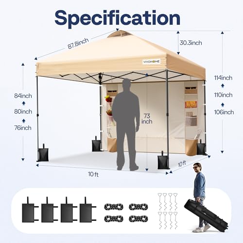 VIVOHOME 10x10ft Pop Up Canopy Tent One Push Setup Outdoor Portable Shelter Tent Heavy Duty with Wheel Carry Bag and 4 Sandbags, White