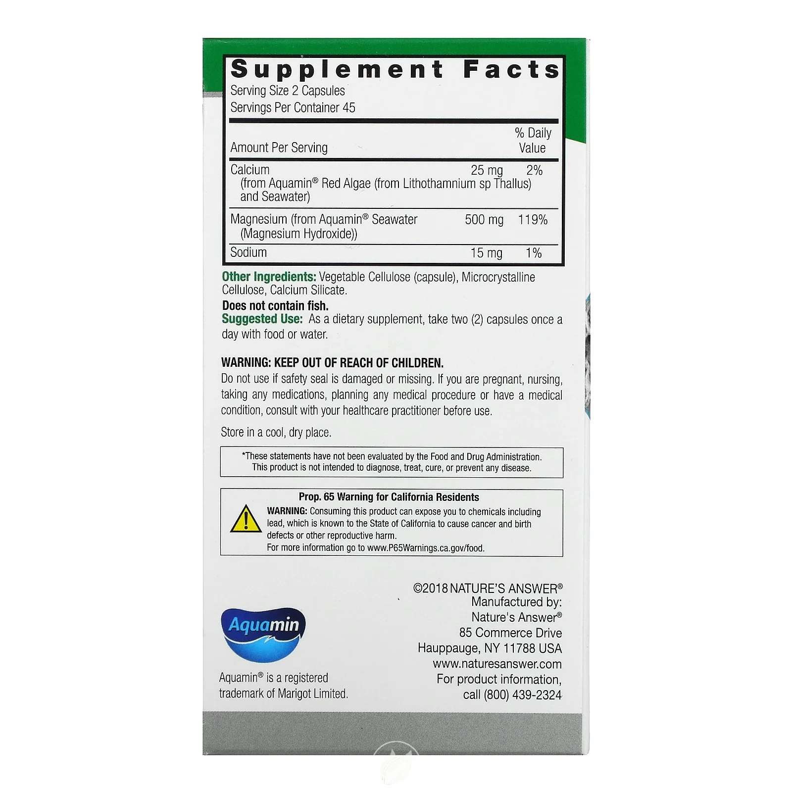 Nature's Answer, Marine Based Magnesium, 500 Mg, 90 Vegetarian Capsules, Pack of 2