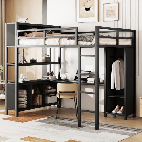 Bellemave Metal Loft Bed With Wardrobe and L-Shaped Desk, Full Size With Storage Cubes and Shelves, Heavy Duty for Kids Teens Adults, Black