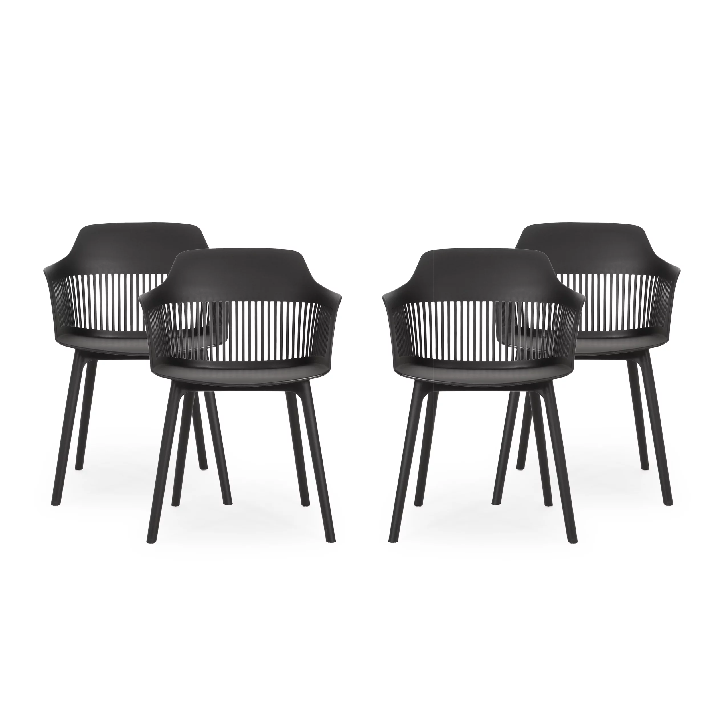 Noble House Dahlia Plastic Patio Dining Arm Chair in Black (Set of 4)