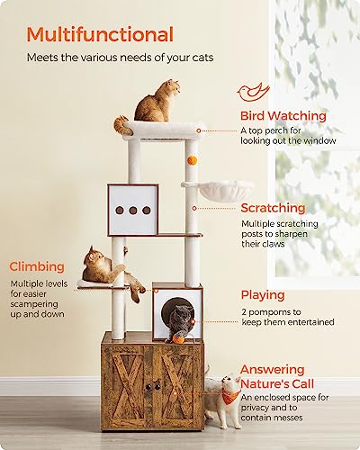 Feandrea Cat Tree with Litter Box Enclosure, 2-in-1 Modern Cat Tower, 70.8-Inch Tall Cat Condo with Scratching Posts, Perch, Caves, Basket, Washable Cushions, Heather Greige UPCT116G01