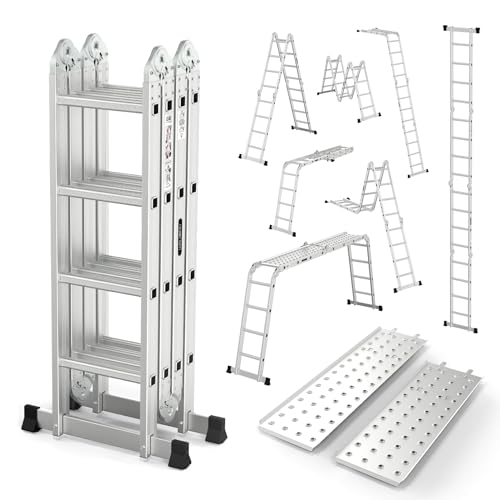 LUISLADDERS Folding Ladder Multi-Purpose Aluminium Extension 7 in 1 Step Heavy Duty Combination EN 131 Standard (12.5 Feet)
