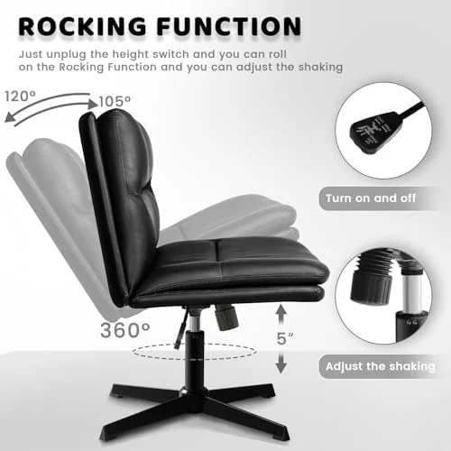 RUNFAYBIU PU-Padded Armless Office Desk Chairs No Wheels  High-Back Wide Seat Home Office Desk Chair  120°Rocking Cross Legged Computer Task Chairs  Modern Adjustable Swivel Vanity Chair