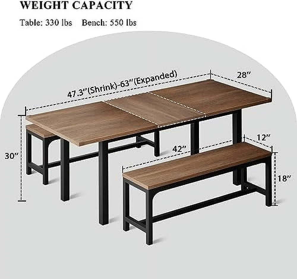 HJZBNONE 3-Piece Dining Table Set for 4-8  63" Extendable Kitchen Table with 2 Benches  Dining Room Table Set with Metal Frame & Wooden Board  Easy Clean  Walnut