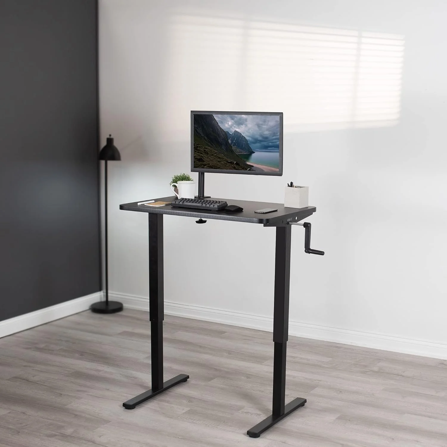 Manual Height Adjustable 36 X 24 Inch Stand Up Desk, Black Solid One-Piece Table Top, Black Frame, Standing Workstation With Hand Crank, DESK-KIT-CB3B