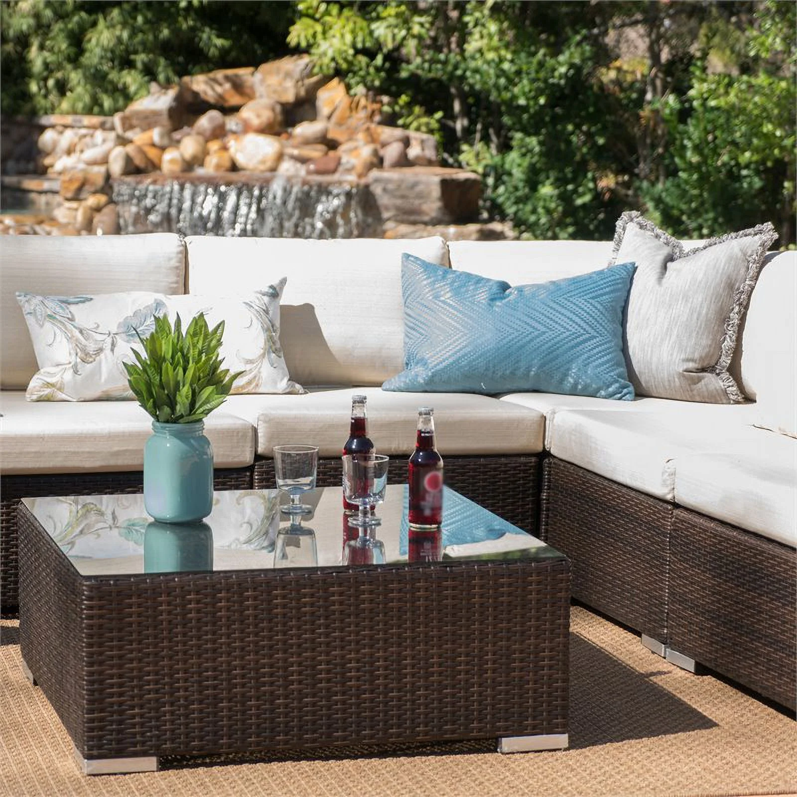 Santa Rosa Multibrown Wicker 5 Seater Sectional Sofa Set with Beige Cushions