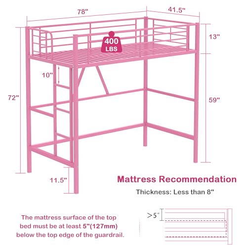 VECELO Loft Bed Twin Size, Metal Bedframe with Removable Ladder and Safety Guardrail, No Box Spring Needed, Space Saving, Noise Free, Pink