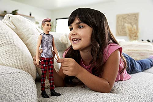 Barbie Ken Fashionistas Doll #176 with Sculpted Brunette Ombre-Tipped Hair Wearing a Sleeveless Tie-dye Shirt, Red Plaid Pants & Black Boots, Toy for Kids 3 to 8 Years Old