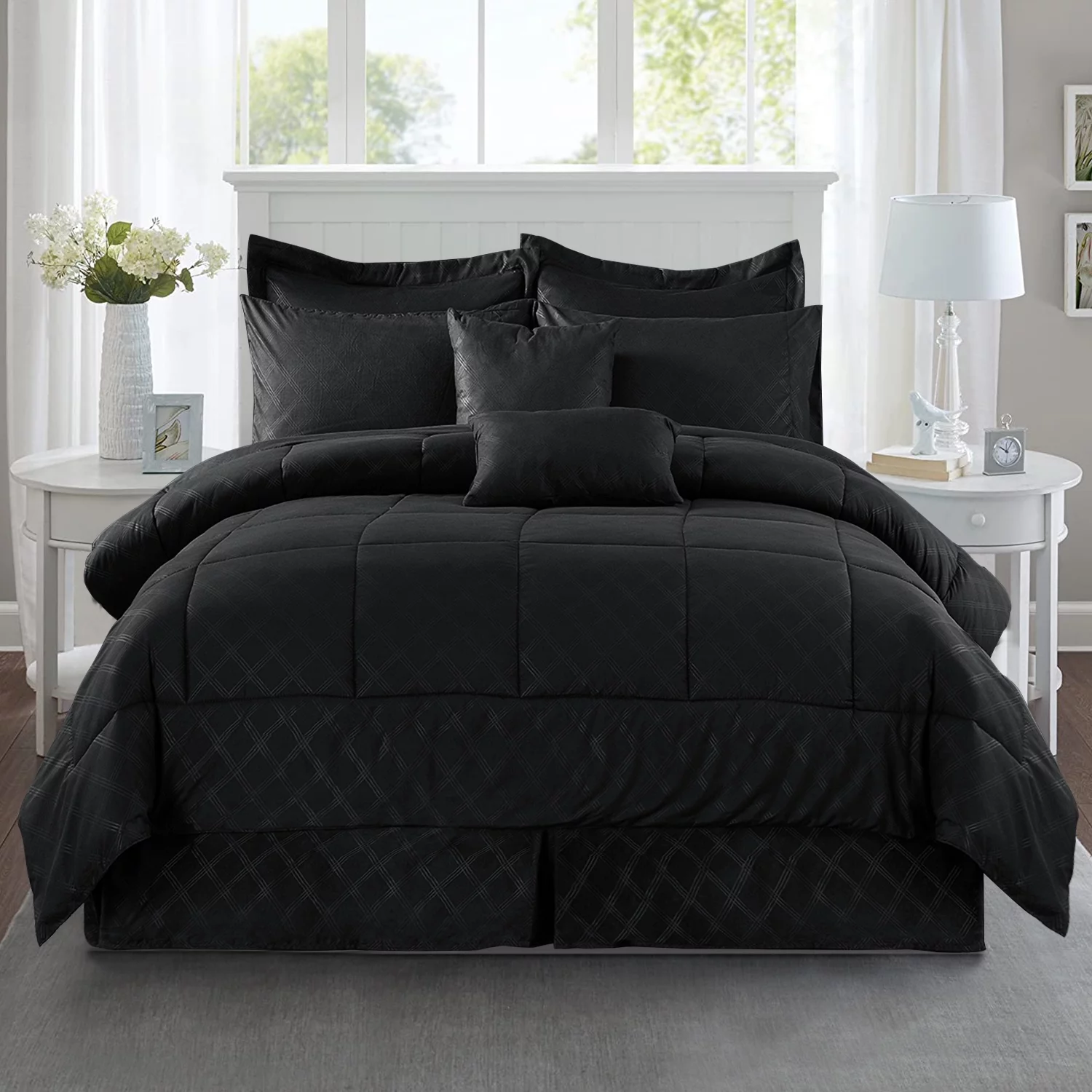 JML 10 Piece Bed in a Bag Quilted Diamond Comforter Set with Sheets, King, Black